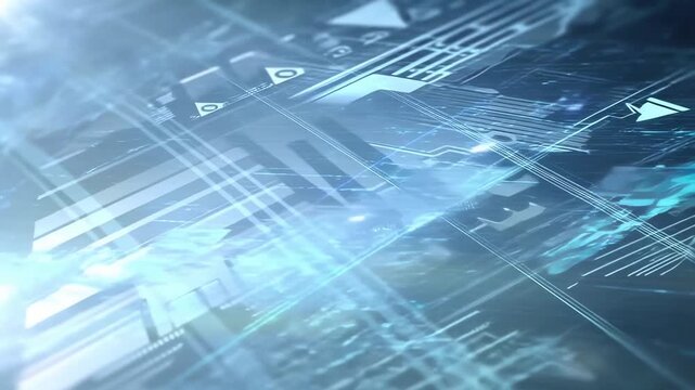 Flowing blue and cyan circuit lines pulse and shift across a dark gradient background. Futuristic backdrop inspired by digital technology and data flow.
