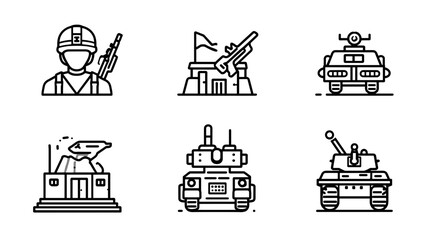 Fototapeta premium Collection of Military Icons Featuring Soldier Tank and Armored Vehicles in Line Art Style