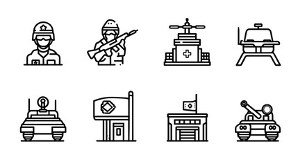 Fototapeta premium Collection of Military Icons including Soldiers, Vehicles and Bases in Monochrome Style