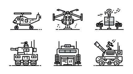 Fototapeta premium Collection of Military Vehicles Including Helicopter and Tank Icons in Simple Line Art Design