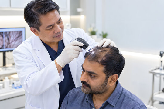 Senior dermatologist inspecting thinning hair of a bearded South Asian man with a handheld scalp camera