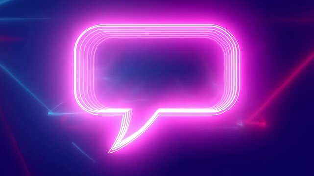 Neon pink glowing speech bubble pulses with light on a dark gradient background. Layered composition brings together speech bubble and pulsing motion.