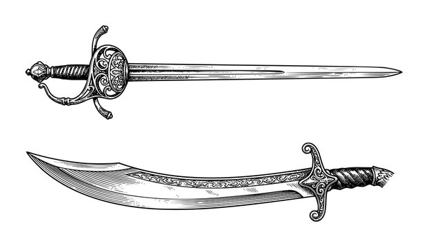 Vintage engraved swords rapier and scimitar