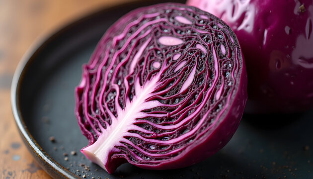 Red Cabbage Half Macro Detail on Dark Plate