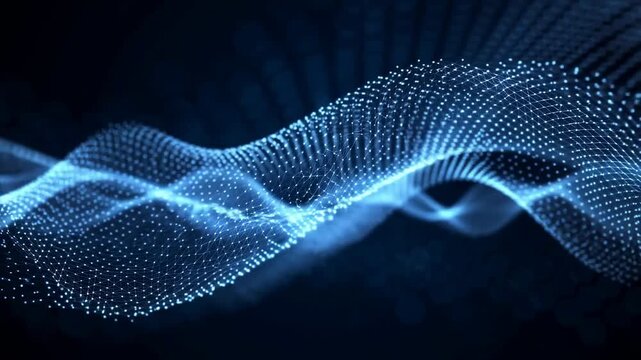 Flowing wave of glowing blue particles forms a smooth undulating grid against a dark digital background. Animated scene combines particles and grid with glowing light.