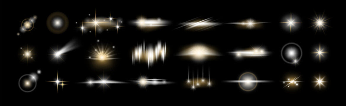 Sparkle glowing set. Light particle. Twinkle starburst with star. Bokeh shine of effect. Magic burst, luminous flare. Transparent confetti. Vector glare isolated illustration on black background