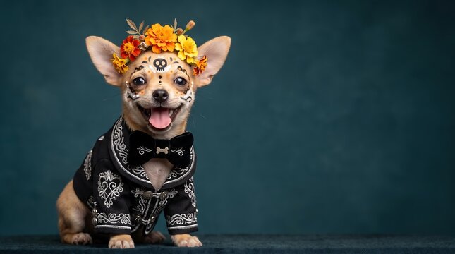 A cute Chihuahua puppy wearing a detailed black charro jacket and a crown of orange marigold flowers for the Day of the Dead, on a minimalist teal background