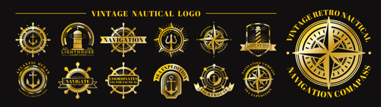 Sea logo. Ship emblem. Icon retro lighthouse. Design anchor. Steering wheel design. Vintage travel, water label, golden compass. Wind rose. Vector garish graphic flat style isolated illustration