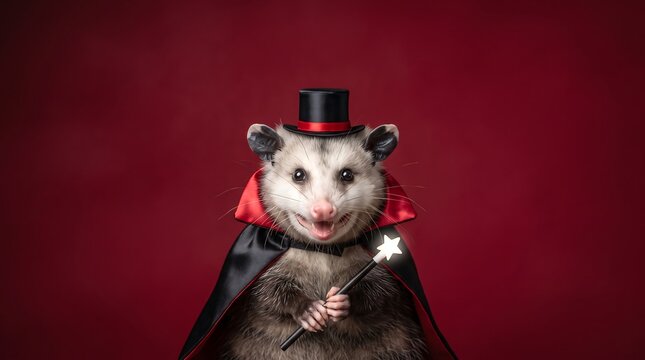 A highly detailed hyper-realistic image of a cute opossum dressed as a magician in a satin cape and top hat, holding a magic wand, isolated on a minimal ruby background