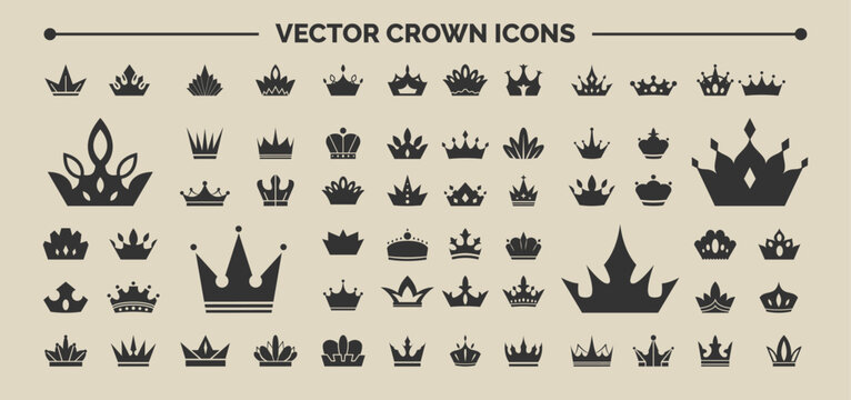 Crown icons set. Assorted black silhouettes of royal sign, heraldic symbols and luxury emblem element for design, branding, awards and identity graphic design elements. Vector isolated illustration