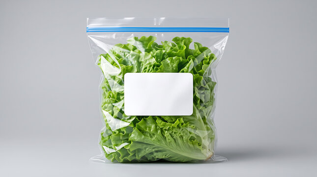 Fresh green leafy vegetables packed in clear resealable plastic bag with label space