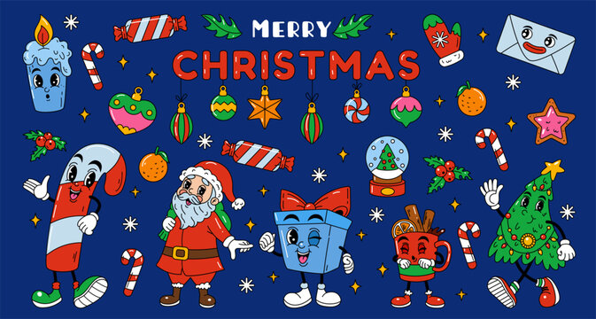 Christmas groovy. Funky retro character, ornament. Holiday winter, santa. Mistletoe, gift, candy cane. Vintage Xmas tree, psychedelic. Vector tidy celebration cartoon flat style isolated illustration