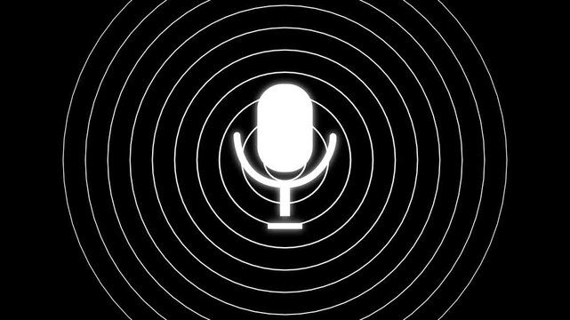 radio wave and voice recording podcast mic microphone button icon animation. Audio microphone icon animation. microphone icon with audio waveform on black background. 4k video