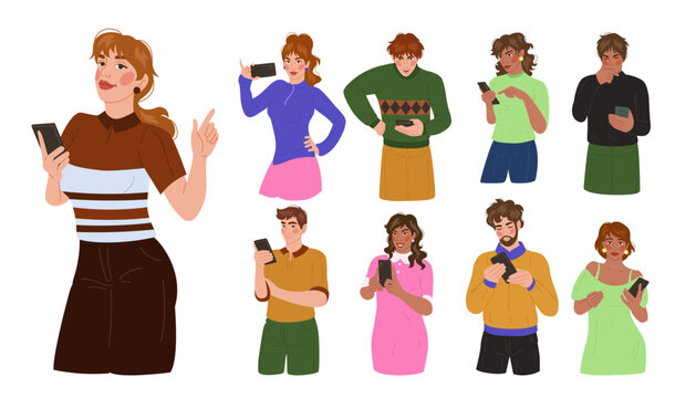 People with smartphones. Character using mobile app, phone on internet. Diverse emotions on face. Happy smile, angry, upset, communication. Vector tidy cartoon flat style isolated illustration set