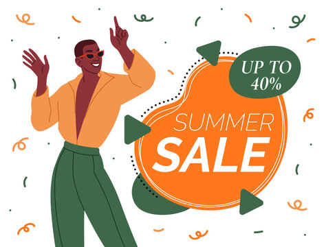 Smiling shopper in sunglasses. Promo banner with summer sale text, discount badge and confetti, modern retail advertising with happy human character. Vector cartoon flat style isolated illustration