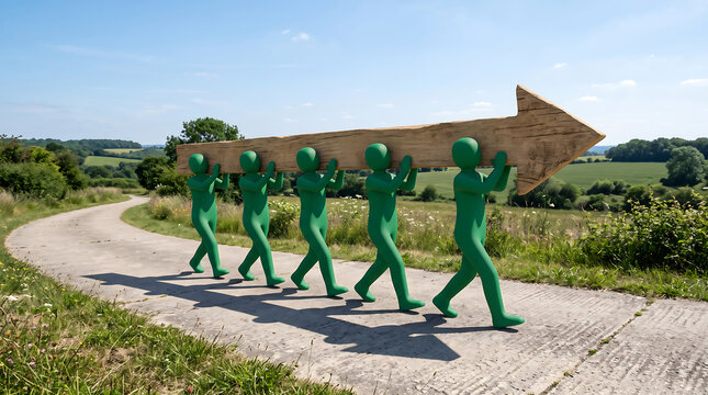Green human figures carrying large wooden arrow sign along rural pathway