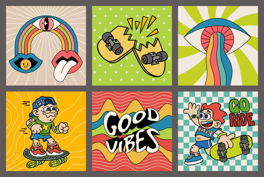 Pop art skate stickers set. Colorful skateboard graphics with eyes, lips, rainbow and good vibes lettering, retro street style stickers collection. Vector cartoon flat style isolated illustration