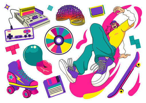 Retro pop culture collage. Bright dancing youth, skateboard, roller skate and classic gaming items, energetic 80s 90s vibe with playful street style elements. Vector cartoon isolated illustration