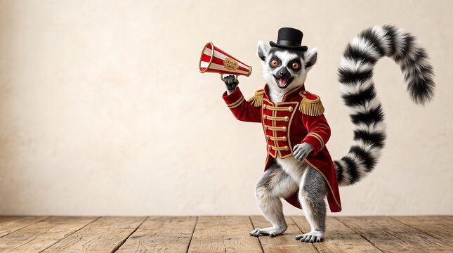 A cute ring-tailed lemur wearing a highly detailed red velvet ringmaster tailcoat, gold epaulets, and a top hat, holding a tiny megaphone, on a minimal cream background
