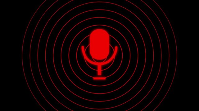 radio wave and voice recording podcast mic microphone button icon animation. Audio microphone icon animation. microphone icon with audio waveform on black background. 4k video