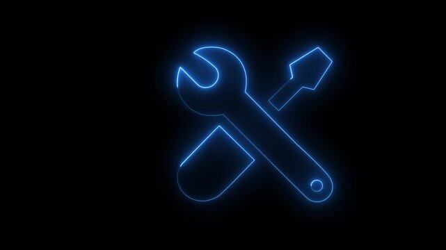 Glowing neon wrench and screwdriver animation, repair and maintenance concept, blue light sign on black background.