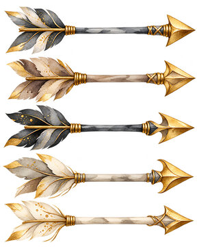 Set of five decorative arrows with feather fletching and ornate gold transparent background