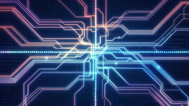 Glowing blue and orange circuit lines pulse and flow along digital nodes on a dark computer display background. Layered blue and orange tones enhance movement and depth.