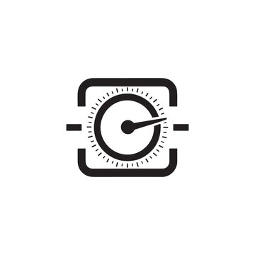 Speedometer gauge icon inside camera viewfinder style frame design
