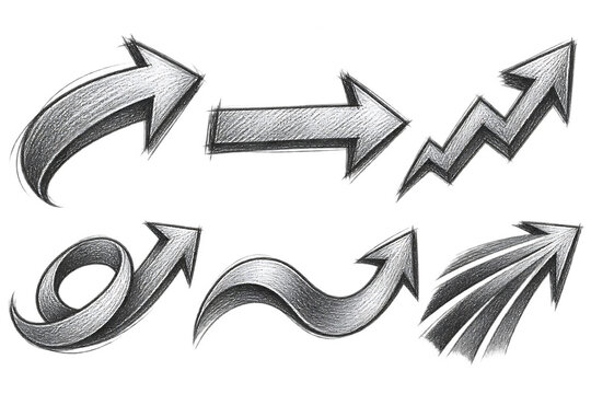 Graphite pencil arrows collection with shaded texture and dynamic flowing transparent background