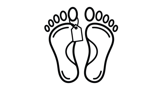 Human feet outline with toe tag showing morgue identification concept in black line art