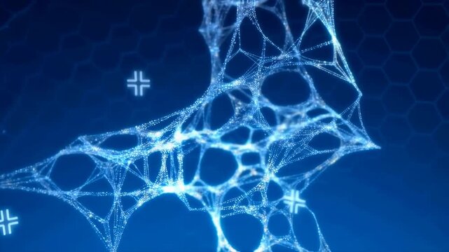 Glowing digital mesh network with pulsating nodes and floating cross symbols on a blue hexagonal background. Animated scene combines mesh network and particles with glowing light.