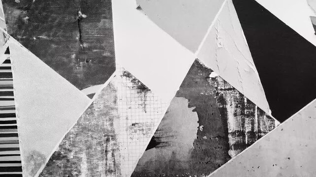 Abstract geometric composition in black and white featuring various textured surfaces and shapes