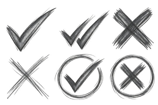 Hand drawn check mark and cross symbols set for task completion and error transparent background