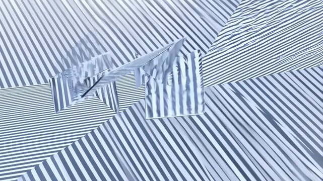 Floating rectangular planes with black and white striped surfaces rotate and shift over a matching striped background. Floating movement creates shadowing and visible depth.