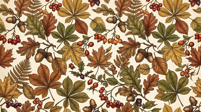 A seamless repeating pattern of colorful autumn leaves in shades of red gold and brown on a light background
