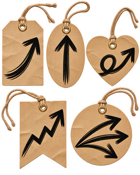 Collection of five vintage paper tags featuring hand drawn black ink transparent background