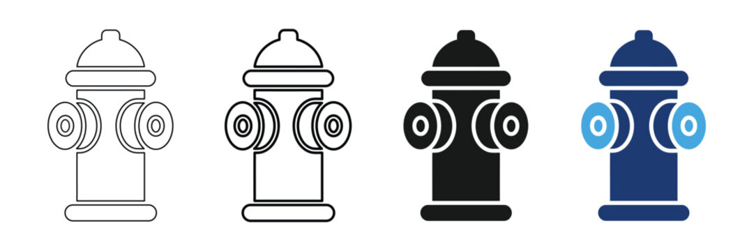 Set of four fire hydrant icons in different styles, including outline, flat, and colored vector illustrations