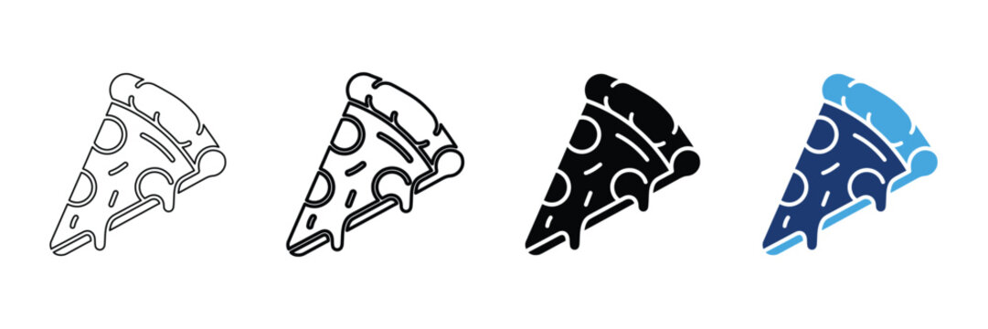 Set of pizza slice icons in different styles, flat and outline vector illustration