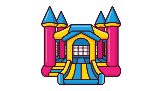 Vibrant inflatable bouncy castle with bright pink and blue towers for children outdoor party events