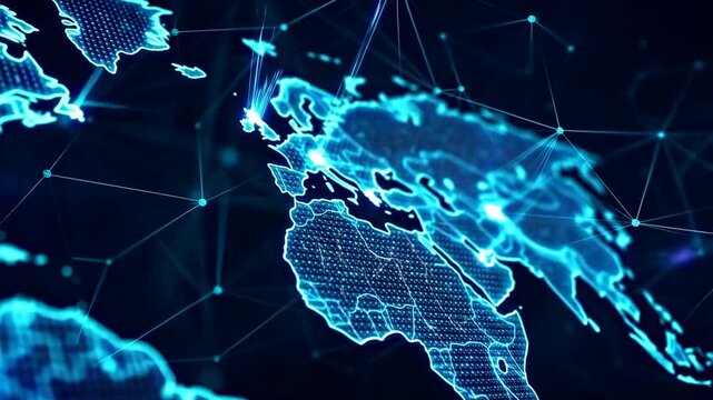 Glowing digital world map with network nodes and connecting lines rotates slowly on a dark background. Rotating motion creates glowing light and visible depth.