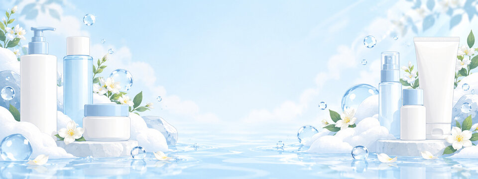 水と白い花を添えた敏感肌ケアイメージのイラスト