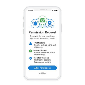 Mobile app permission request screen mockup showing camera and location access prompts for user interface design Editable EPS