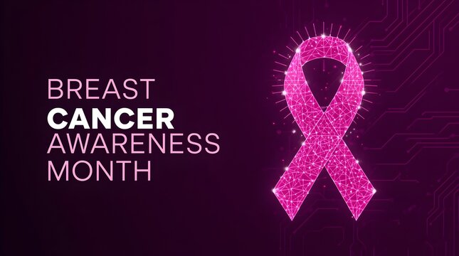 Breast Cancer Awareness Month Glowing digital network mesh pink ribbon for breast cancer awareness month with circuit board lines on a dark purple background