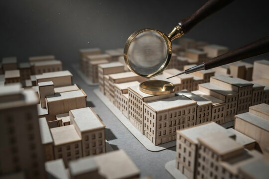 Urban planning and architectural design concept photo. Hand holding magnifying glass over miniature wooden city model. Real estate analysis