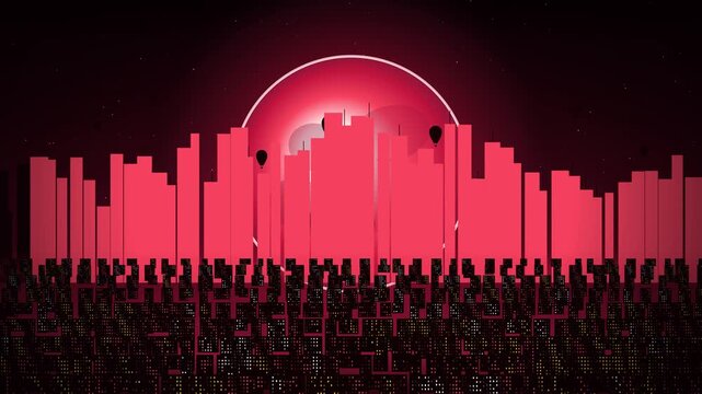 Stylized Futuristic City Skyline Animation Featuring a Giant Crimson Blood Moon or Supermoon Rising in a Dark Red Night Sky with Glowing Urban Buildings and Floating Hot Air Balloons