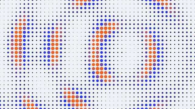 Abstract background featuring orange and blue halftone dots organized in a geometric pattern grid