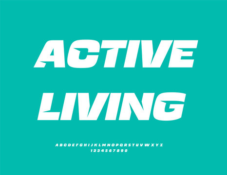 Vector Wellness emblem Active Living. Typography Modern White Font. Unique Dynamic Alphabet Letters and Numbers set.