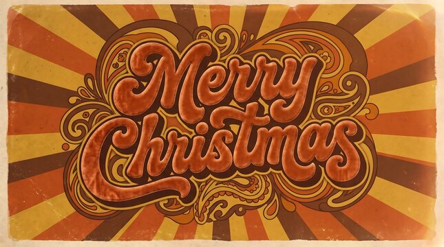 Retro 1970s style merry christmas typography on vintage sunburst background
