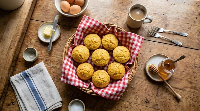 Warm freshly baked golden cornbread muffins sit beautifully arranged on a classic red and white checkered cloth with charming rustic kitchen details