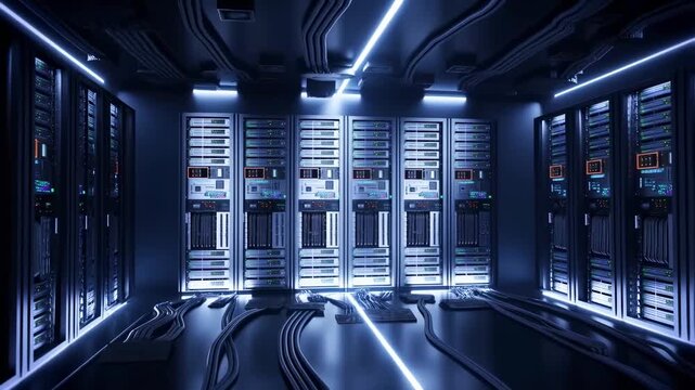 Data center server room with racks and network cables